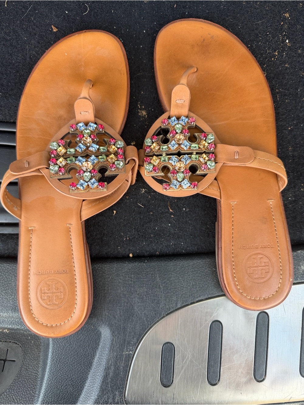 Tory Burch Tan Leather Sandals with Multicolor Gem Logo